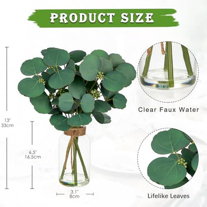 Artificial Eucalyptus Stems Fake Plants in Glass Vase with Faux Water - color: Dark Green
