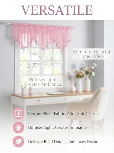 Molaxhome Swag Curtain Scalloped Curtain Valance Drape Sheer Lace Panel 1pc - color: Pink