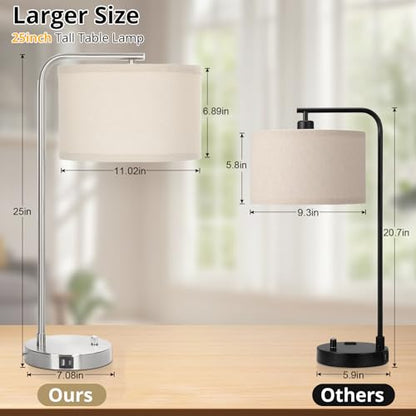 25" Tall Modern Bedside Lamp with USB C+A Ports, Fully Dimmable Table Lamp - color: Silver