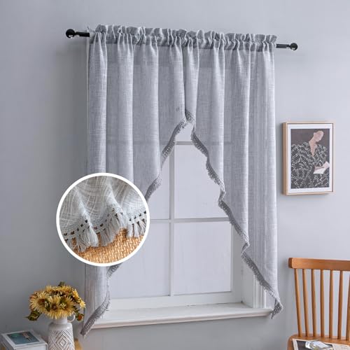 Beda Home Tassel Linen Textured Swag Curtain Valance, Grey, 36 x 63 in - color: Grey, size: 36"W x 63"L (Pack of 2)