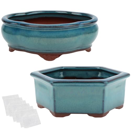 Bonsai Planter 5.7" 6" Small Succulent Glazed Pots Set of 2 + 6 Soft Mesh Drainage Screens - style: Style A&B