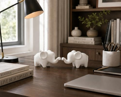 4 Inch White Ceramic Elephant Figurines Set of 2 - color: White