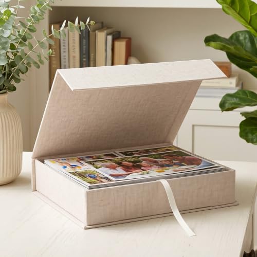 Linen Photo Box, 8×10 Memory Box for Keepsakes Photo Storage Boxes with Lids Stackable for Storing Photos, Postcards, Handwritten Letters, Drawer and Tabletop Organizer, 11.1×8.9×2.5 Inch