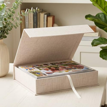 Linen Photo Box, 8×10 Memory Box for Keepsakes Photo Storage Boxes with Lids Stackable for Storing Photos, Postcards, Handwritten Letters, Drawer and Tabletop Organizer, 11.1×8.9×2.5 Inch