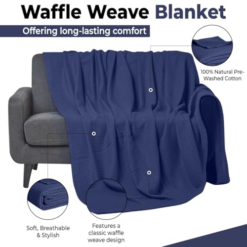 100% Cotton Blankets for Bed - Waffle Weave Blankets for Summer, Lightweight and Breathable Soft Woven Blanket for Spring (Navy, Queen (90" x 90")) - color: Navy, size: Queen (90" x 90")