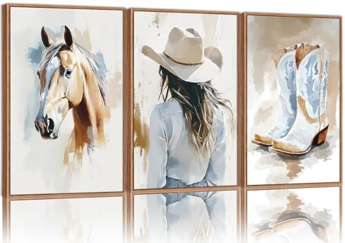 YeeHomedec Large Western Cowgirl Posters Framed Canvas Wall Art Set, Blue and White Horse Wall Decor, Glam Rodeo Boots Art Print, Vintage Country Hat Artwork for Living Room Bedroom Dorm 16"x24"x3 - color: western Cowgirl, size: 24"L x 16"W