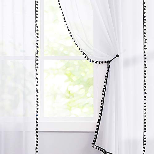 Sheer White Curtains with Black PomPom Trim for Living Room 52x84"Drape 2pc - color: White - Black, size: 52"W x 84"L (Pack of 2)