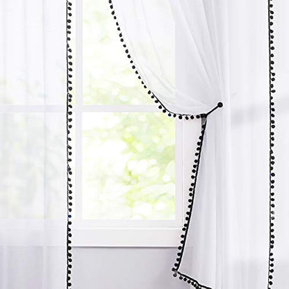 Sheer White Curtains with Black PomPom Trim for Living Room 52x84"Drape 2pc - color: White - Black, size: 52"W x 84"L (Pack of 2)