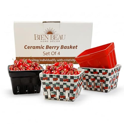 BIEN BEAU Ceramic Berry Baskets Set of 4, Checkered Berry Colander - color: Black