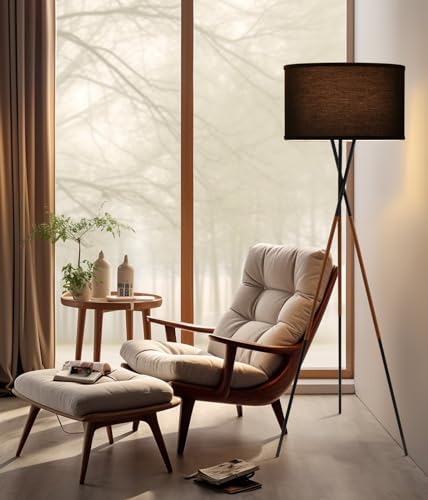 Kira Home Sadie 61" Mid-Century Modern Tripod Tall Floor Lamp - color: Black Finish,Black Shade