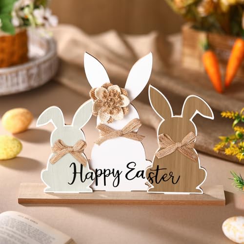 Colingmill 3 Pcs Easter Bunny Wood Centerpiece, Removable Base Burlap Bow