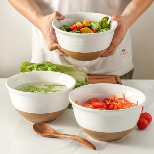 HASENSE Large Ceramic Soup Bowls Set of 4, 40 Oz 7 Inch White & Terracotta Stoneware Mixing Bowls, Farmhouse Bowls for Cereal, Salad, Pasta & Ramen, Dishwasher & Microwave Safe - color: White, size: 40 oz