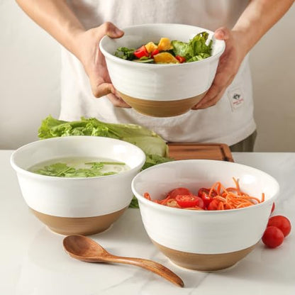 HASENSE Large Ceramic Soup Bowls Set of 4, 40 Oz 7 Inch White & Terracotta Stoneware Mixing Bowls, Farmhouse Bowls for Cereal, Salad, Pasta & Ramen, Dishwasher & Microwave Safe - color: White, size: 40 oz