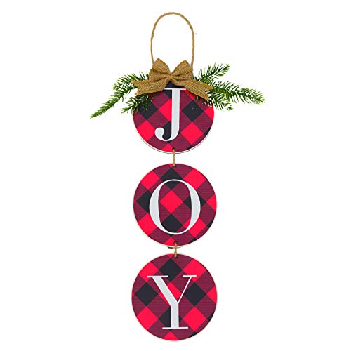 LaZimnInc Christmas Decoration JOY Wall Sign, Buffalo Check Plaid Wreath for Front Door Rustic Burlap Wooden Christmas Ornaments for Home Window Wall Farmhouse Indoor Outdoor