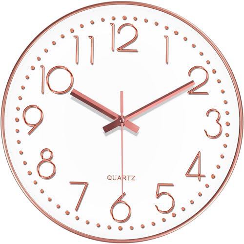 Wall Clock, Silent Wall Clocks Battery Operated 10 Inch- Modern Non Ticking Analog Clock with Large Numerals Tempered Glass Clocks for Bedroom, Living Room, Kitchen, Office Decor, Rose Gold - color: Rose Gold, size: 10 Inch