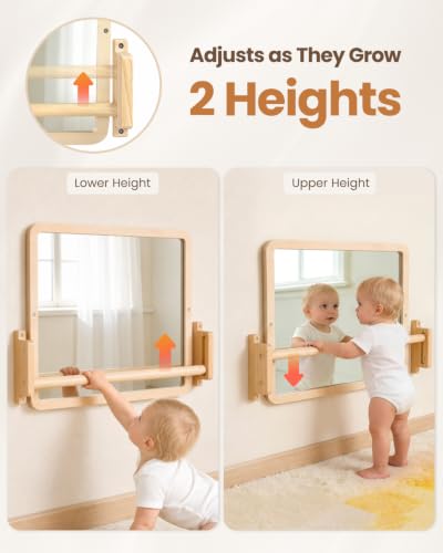 Montessori Mirror with Bar, 18.9 x 15.0 in – Adjustable Baby Pull Up Bar, Anti-Rotation Design & Acrylic Safety Baby Mirror for Wall – Tummy Time, Pull to Stand Toys for Infant Toddler Nursery - size: Standard - 18.9 x 15.0 in