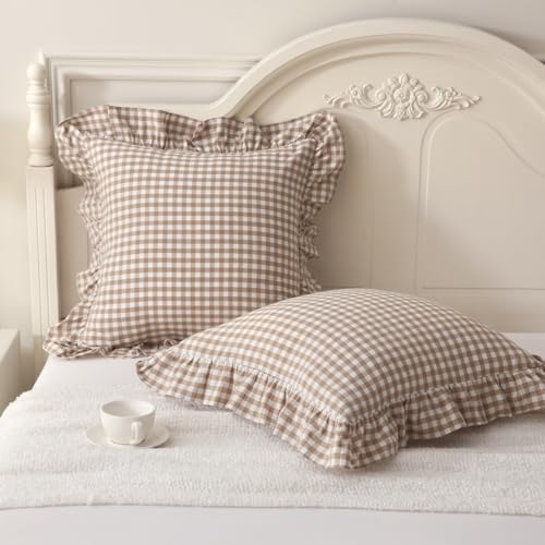 Silnuo 2 Pack Taupe/White Plaid Ruffle Throw Pillow Covers 20"x20" - color: Taupe Plaid, size: 20" x 20" - Set of 2