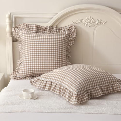 Silnuo 2 Pack Taupe/White Plaid Ruffle Throw Pillow Covers 24"x24" - color: Taupe Plaid, size: 24" x 24" - Set of 2