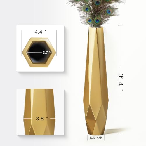 Large Floor Vase 31.5" Gloss Gold, Resin Geometric Faceted Vase with Angular Multi-Surface Design for Dried Pampas Grass Branches, Modern Decor for Living Room Corner - color: Gold, size: 31.49in