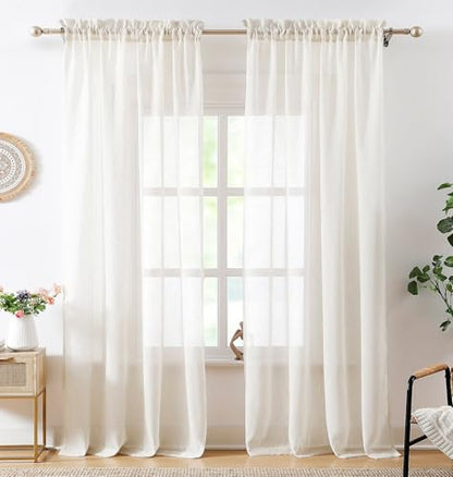 Natural Off White Sheer Linen Curtains for Living Room 52x90 Beige Flax 2pc - color: Off White ( Flax Linen Blend- Oatmeal Shade ), size: 52"W x 90"L (Pack of 2)