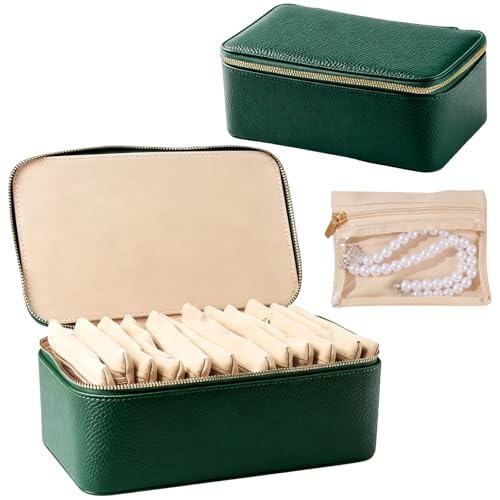 Travel Jewelry Case with 12 Velvet Zipped Pouches Bags, Dark Green - color: Dark Green - 12 Pouch