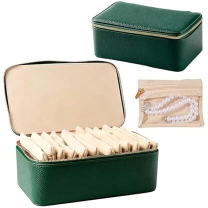 Travel Jewelry Case with 12 Velvet Zipped Pouches Bags, Dark Green - color: Dark Green - 12 Pouch