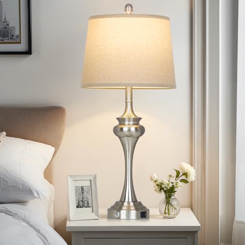 Rinweey 30 inch Silver Table Lamp Single, 3 Way Touch Control Bedside Lamp with USB A+C Ports, Modern Brushed Nickel Bedroom Lamps for Nightstand, Tall Metal Living Room Lamps for Side Table Office - color: Silver-30"H-1PK