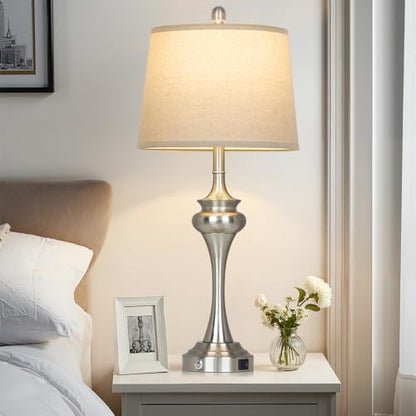 Rinweey 30 inch Silver Table Lamp Single, 3 Way Touch Control Bedside Lamp with USB A+C Ports, Modern Brushed Nickel Bedroom Lamps for Nightstand, Tall Metal Living Room Lamps for Side Table Office - color: Silver-30"H-1PK