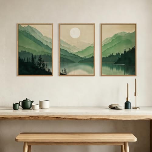 Celestdeco Green Boho Mountain Lake Framed Canvas Wall Art Set-16"x24"x3 - color: Green Landscape Wall Art, size: 16"L x 24"W