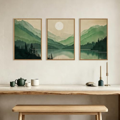 Celestdeco Green Boho Mountain Lake Framed Canvas Wall Art Set-16"x24"x3 - color: Green Landscape Wall Art, size: 16"L x 24"W