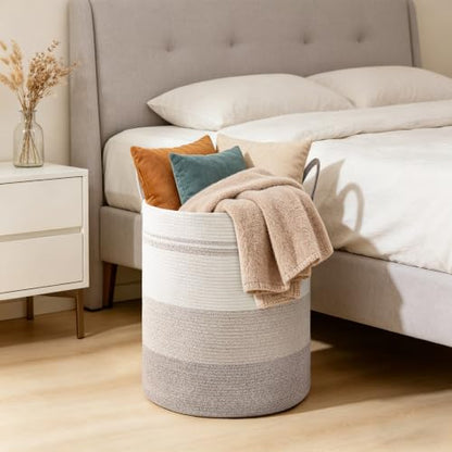 100L Extra Large Tall Cotton Rope Laundry Basket with Handle, Brown Striped - color: Brown Striped, size: 100L