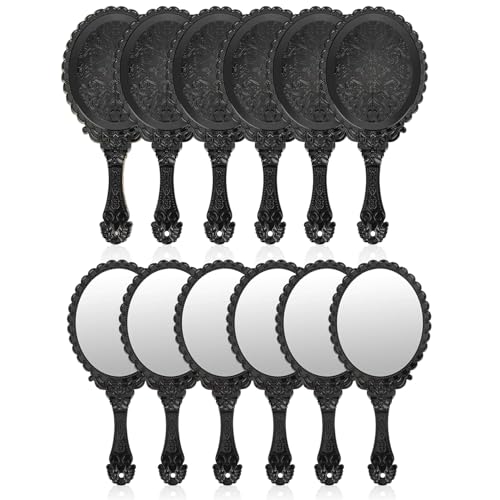 YUSONG 12 Pcs Premium Hand Mirror with Handle - Vintage Princess Mirror for Women Black Embossed Flower Small Mirrors Tabletop Party Classroom - color: Black