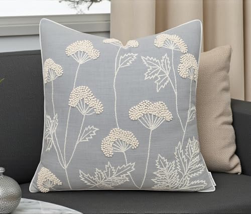 Rudransha Hand Embroidered Wildflower Throw Pillow Cover - 20x20 Inch Light Grey Cotton - Blooming - color: Blooming-light Grey, size: 20" x 20" (Pack of 1)