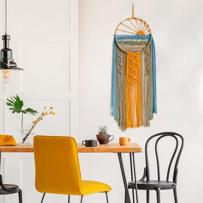 LB Boho Sunset Macrame Wall Hanging Orange and Green Small Dream Catcher Hand Woven Cotton Tapestry Modern Aesthetic Wall Art for Home, Bedroom, Living Room - color: Blue