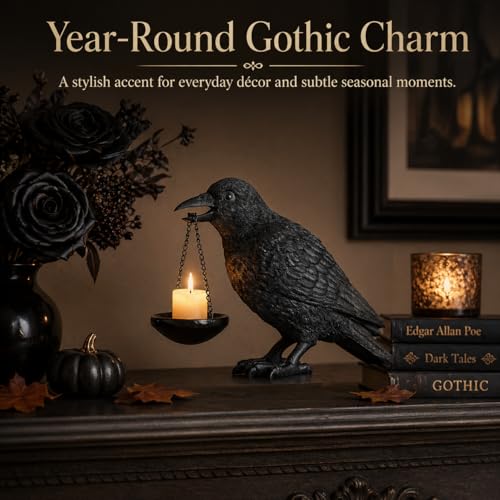 Gothic Crow Lamp with Tealight Candle Holder Raven Statue Halloween Decor Black Bird Decorations Indoor Gothic Home Decor for Living Room Tabletop Shelf Bedroom Unique Goth Witchy Gifts - size: Raven