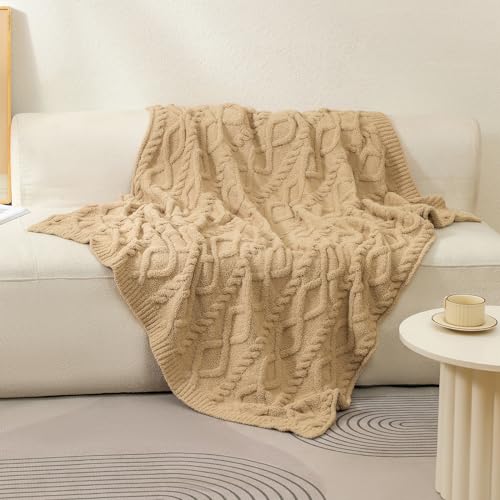 Premium Minky Throw Blanket, Soft Plush Lightweight Cozy Touch - color: Cable Knit Camel, size: Kids(40″x50″)