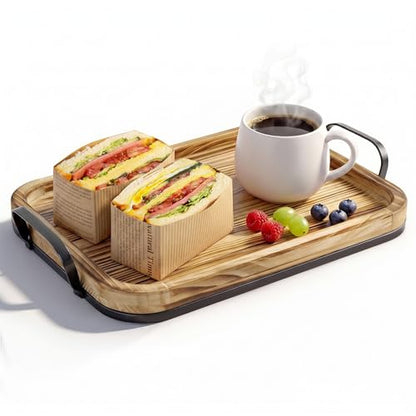 17In Wood Serving Tray with Metal Handles, Rectangular Ottoman Tray - size: 17.3" x 11.3" x 2.5"