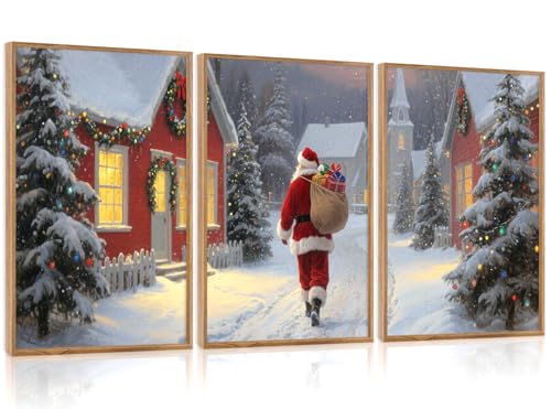 Aurlan 3 Pcs Santa Is Coming To Town Framed Wall Art 12x16 Inch - color: Santa Claus is Coming to Town, size: 12"L x 16"W