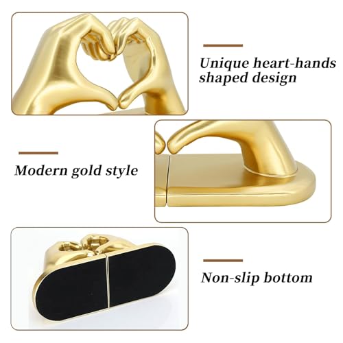 Book Ends for Shelves, Gold Heart Hands Decorative Bookends Book Holder for Bookshelf Decor, Unique Book Holders Heavy Duty Book Stopper Book Shelf Sculpture Aesthetic Decor for Rooms Office Home