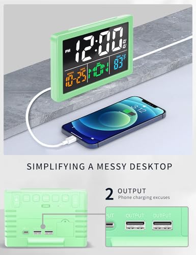 JALL Digital Clock with Date Day for Seniors, Electric Alarm Clocks for Bedrooms with Temperature, 2 Alarms, Dimmer, Dual USB Charger, Battery Backup, Volume Control, Snooze, Bedside Desk Clock, Green - color: Green