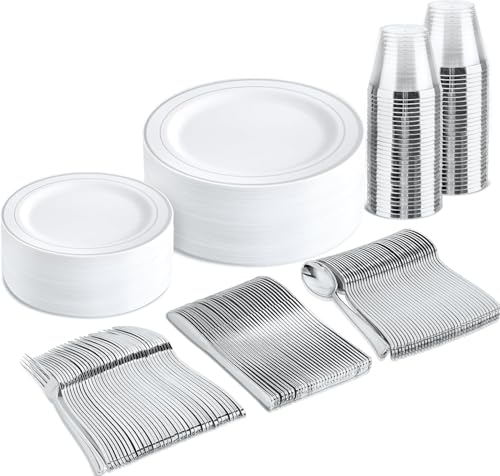 bUCLA 150-Piece Silver Disposable Dinnerware Set - White Plastic Plates with Silver Rim - Include 25 Dinner Plates, 25 Dessert Plates, 25 Forks, 25 Knives, 25 Spoons & 25 Cups for Party & Christmas - color: Silver