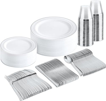 bUCLA 150-Piece Silver Disposable Dinnerware Set - White Plastic Plates with Silver Rim - Include 25 Dinner Plates, 25 Dessert Plates, 25 Forks, 25 Knives, 25 Spoons & 25 Cups for Party & Christmas - color: Silver