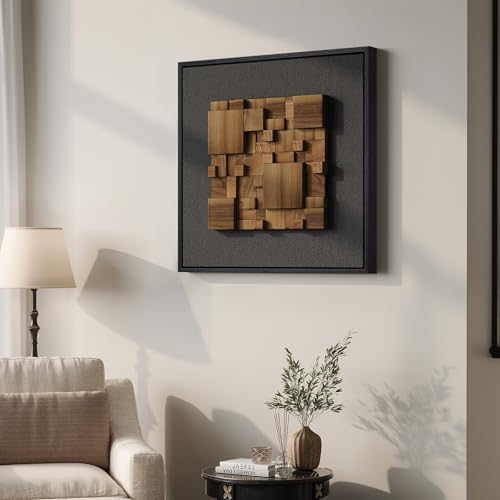 Framed 3D Textured Wood Wall Art for Living Room, Abstract Geometric 20x20 - color: Black and Walnut-B, size: 20"L x 20"W