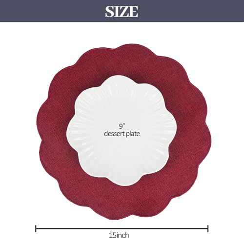 AHHFSMEI Round Scalloped Placemats Set of 6 15 Inch Faux Linen - color: Burgundy Red
