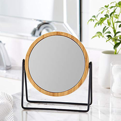 Amazon Basics Vanity Round Tabletop Mirror with Bamboo Rim, Double Sided Magnifying, 360° Rotation, Black, 7.2" L x 2.9" W (Pack of 6) - size: 7.2"L x 2.9"W (Pack of 6), style: Bamboo Rim Without Base