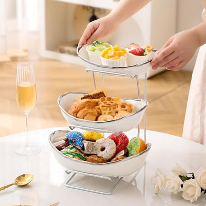 Gold Silver Fruit Bowl with Metal Stand, 3 Tier Ceramic White Fruit Bowl Fruit Rack for Kitchen Counter, Tiered Fruit Basket for Snacks Bread Candy Storage (Silver (Smooth Surface)) - color: Silver (Smooth Surface)