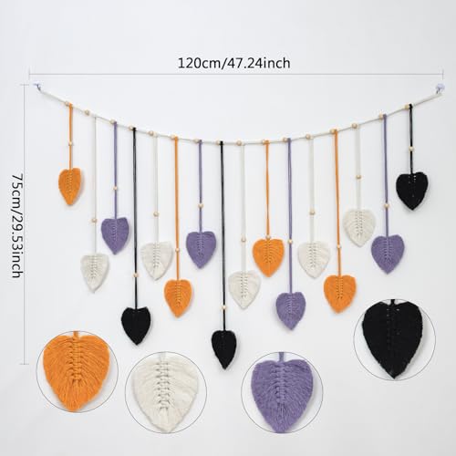 EOBTAIN Macrame Leaf Wall Hanging Large,Boho Purple Orange and Black Leaves Woven Tapestry Halloween Home Decor,Handmade Yarn Tassels Textile Feather Wall Art Decor for Living Room Bedroom - color: Orange