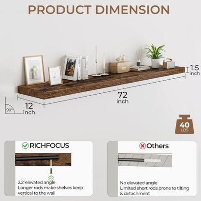 RICHFOCUS 72Inch Floating Shelves for Wall 2Pack|Rustic Brown|12" Deep - color: Rustic Brown, size: 72"L x 11.6"D, Set of 2
