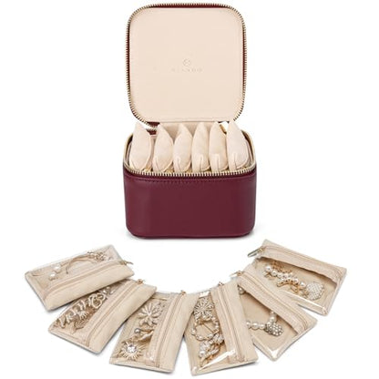 VLANDO Small Jewelry Box Organizer,Travel Jewelry Storage with 6 Velvet Jewelry Zipper Pockets,Travel Jewelry Case Birthday Gifts for Women Girls(Red) - color: 6PCS-Red