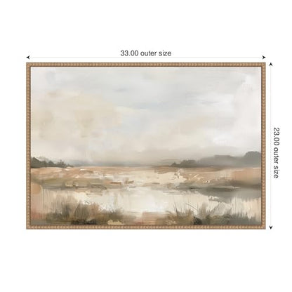 Kate and Laurel Framed Canvas Wall Art Print Neutral Abstract Landscape by The Creative Bunch Studio, 33 x 23 Sylvie Beaded Rustic Natural Frame, Modern Contemporary, Landscape Art for Wall Decor - size: 33"L x 23"W